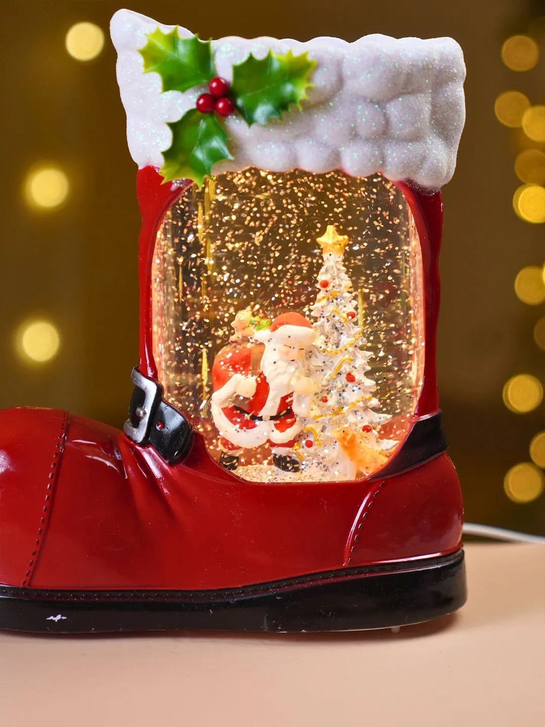 Santa & Snowy Tree Red Boot with Musical Glitter Water and Lights, Christmas Home Décor