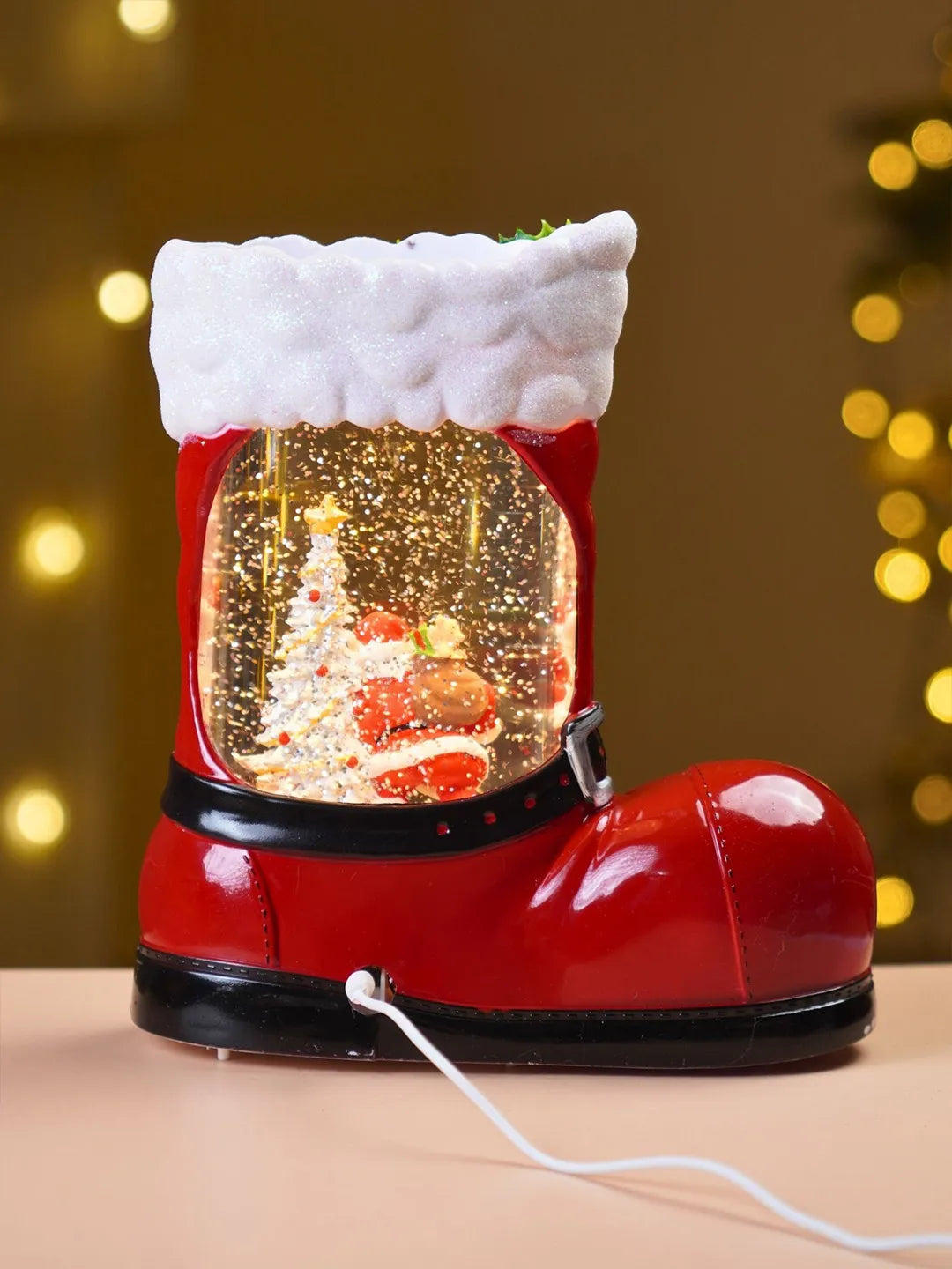 Santa & Snowy Tree Red Boot with Musical Glitter Water and Lights, Christmas Home Décor