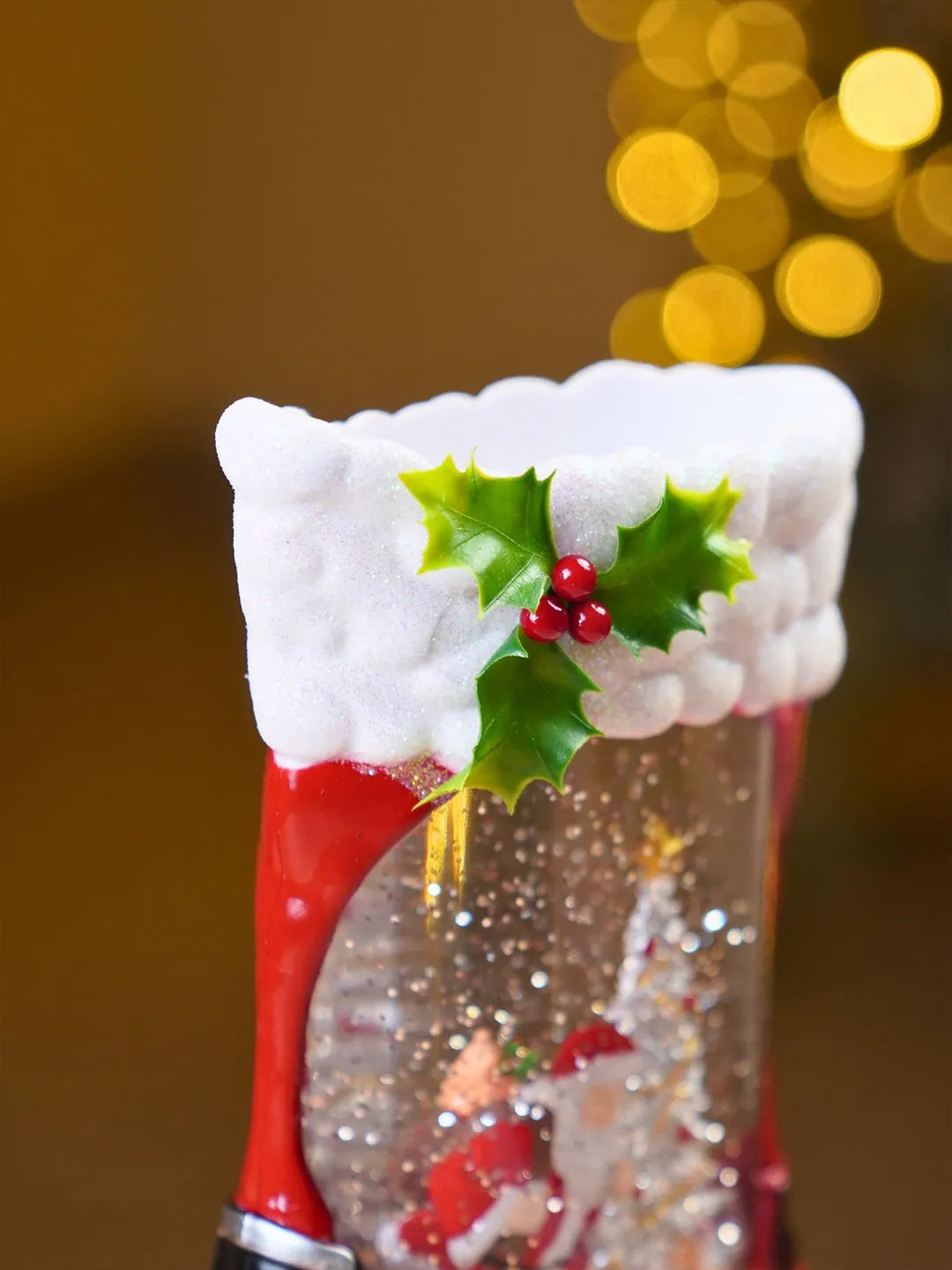 Santa & Snowy Tree Red Boot with Musical Glitter Water and Lights, Christmas Home Décor