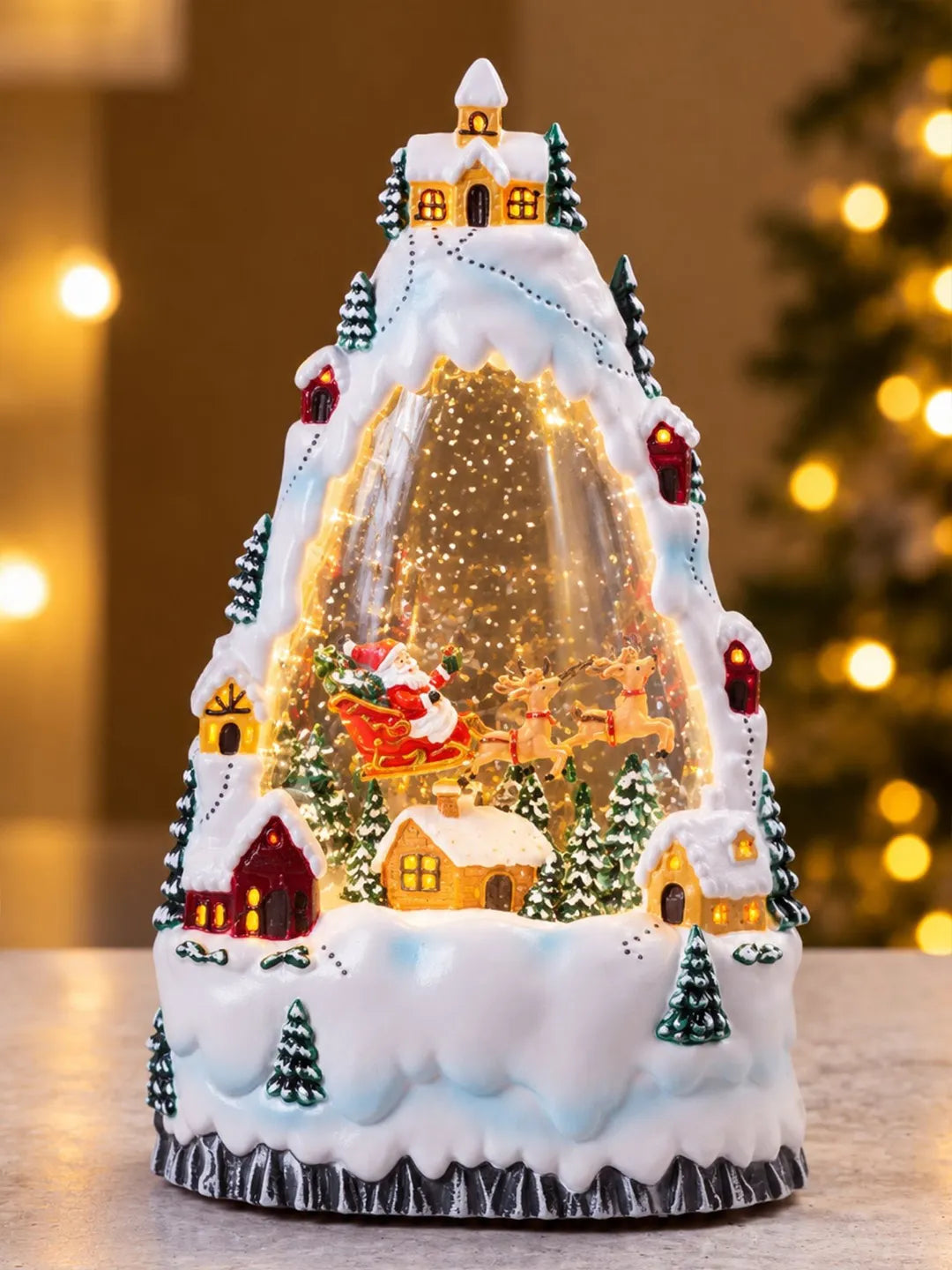 Santa White Christmas Village, with Musical Glitter Water and Lights, Christmas Home Décor