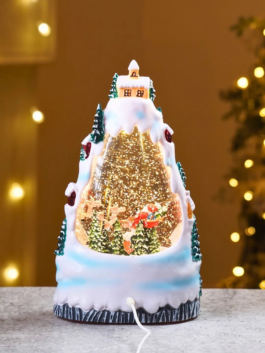 Santa White Christmas Village, with Musical Glitter Water and Lights, Christmas Home Décor