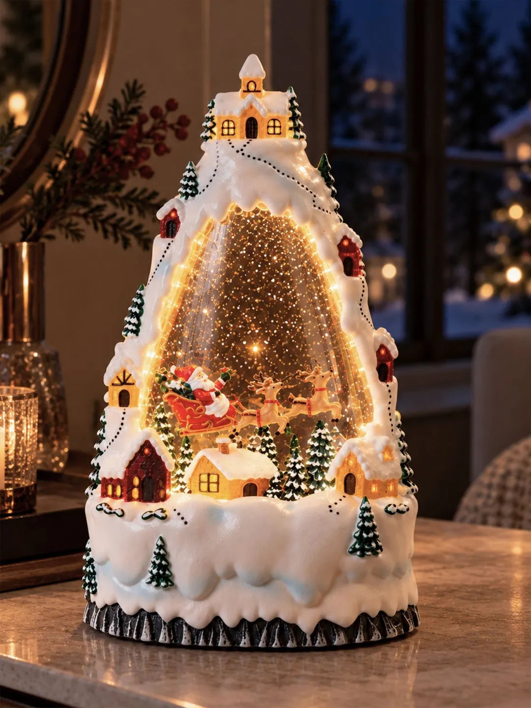 Santa White Christmas Village, with Musical Glitter Water and Lights, Christmas Home Décor