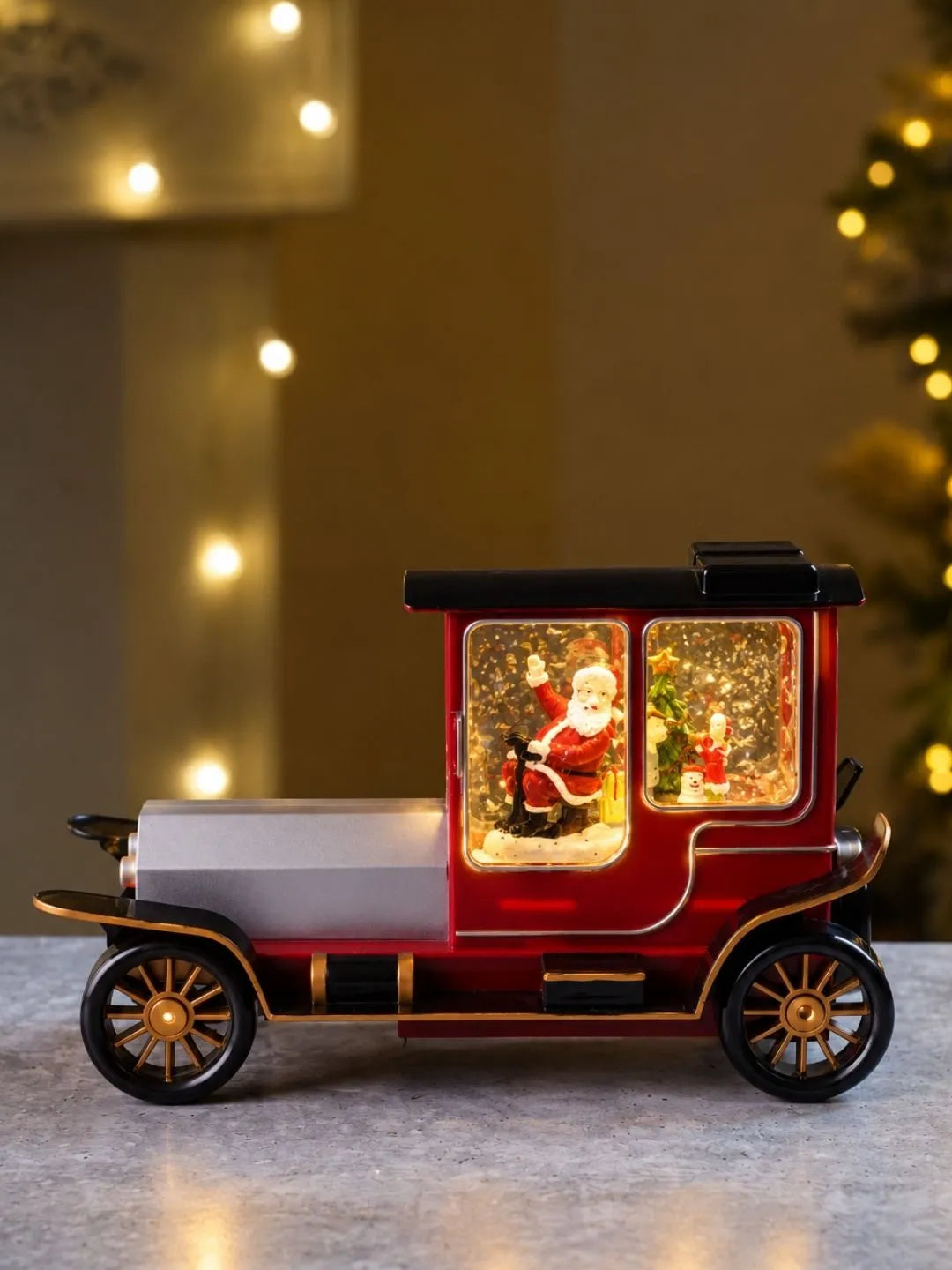 Santa Vintage Car, with Musical Glitter Water and Lights, Christmas Home Décor