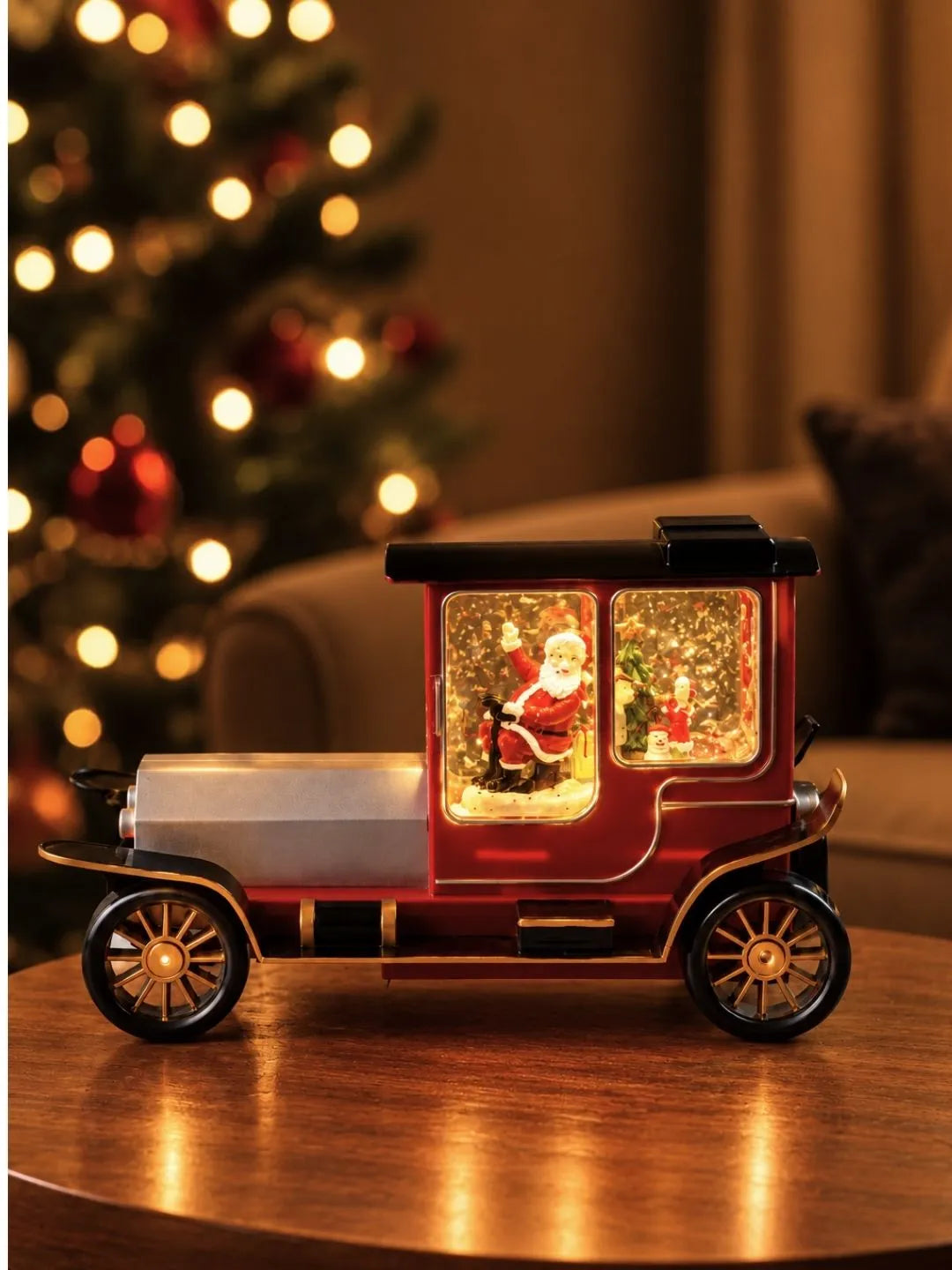 Santa Vintage Car, with Musical Glitter Water and Lights, Christmas Home Décor