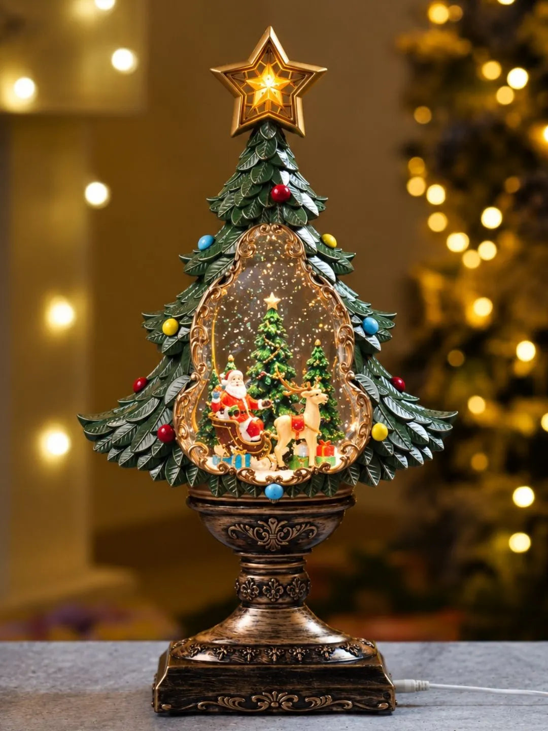 Santa & Camel Green & Gold Tree, with Musical Glitter Water Lights, Christmas Home Décor