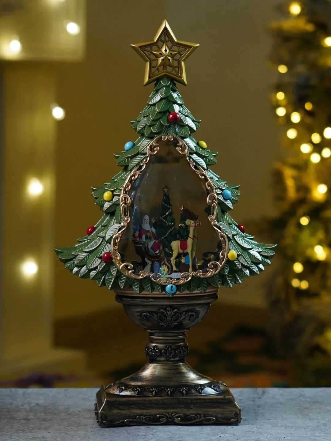 Santa & Camel Green & Gold Tree, with Musical Glitter Water Lights, Christmas Home Décor