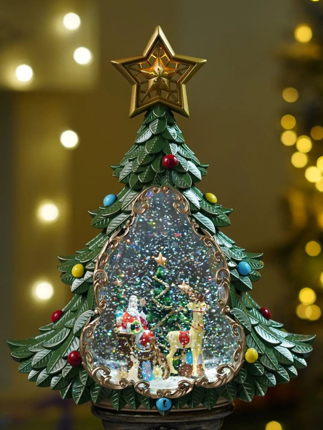 Santa & Camel Green & Gold Tree, with Musical Glitter Water Lights, Christmas Home Décor