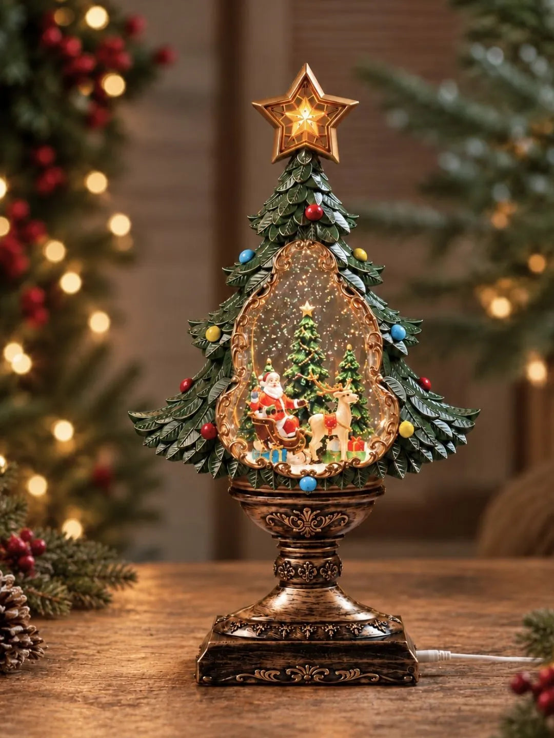 Santa & Camel Green & Gold Tree, with Musical Glitter Water Lights, Christmas Home Décor