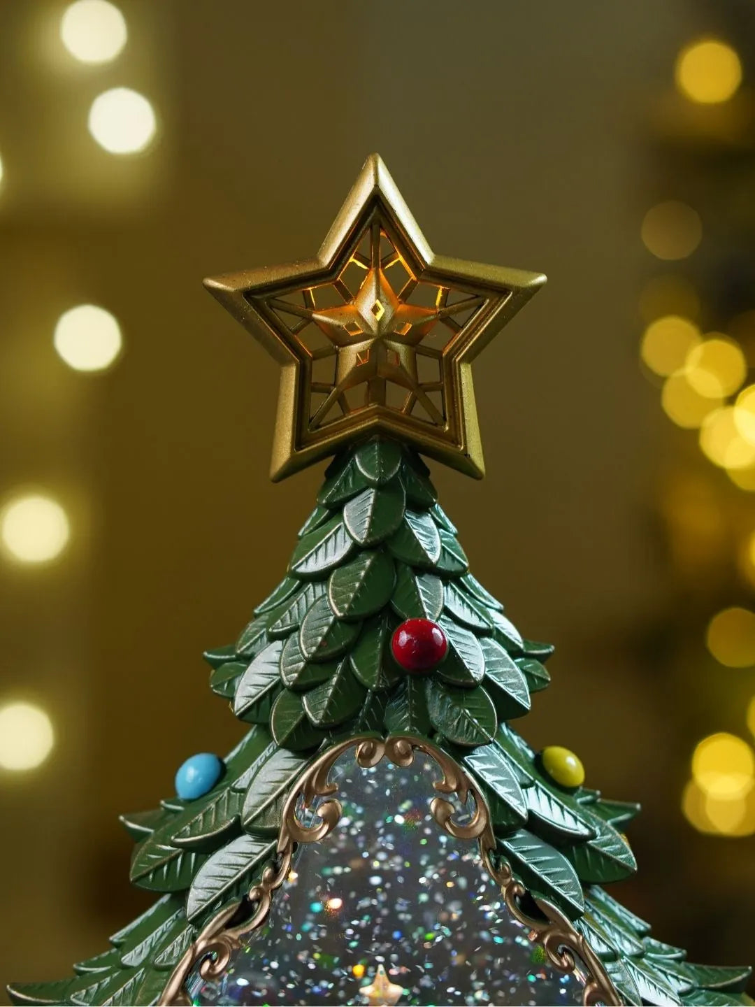 Santa & Camel Green & Gold Tree, with Musical Glitter Water Lights, Christmas Home Décor