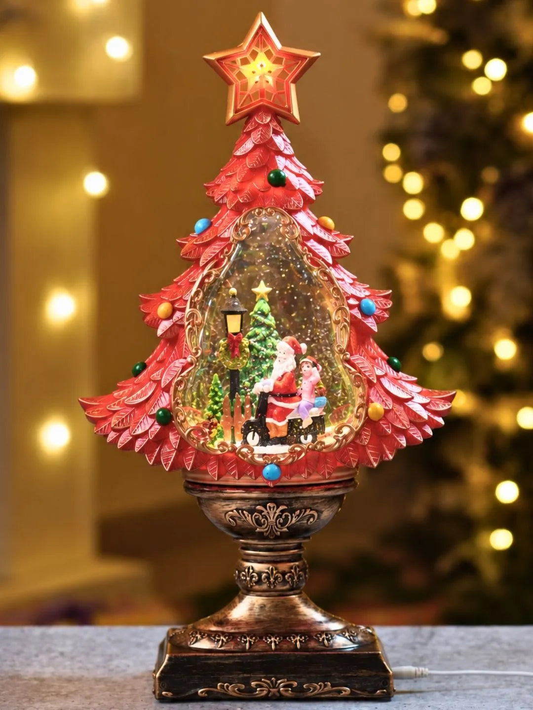 Santa & Child Red & Gold Tree, with Musical Glitter Water Lights, Christmas Home Décor