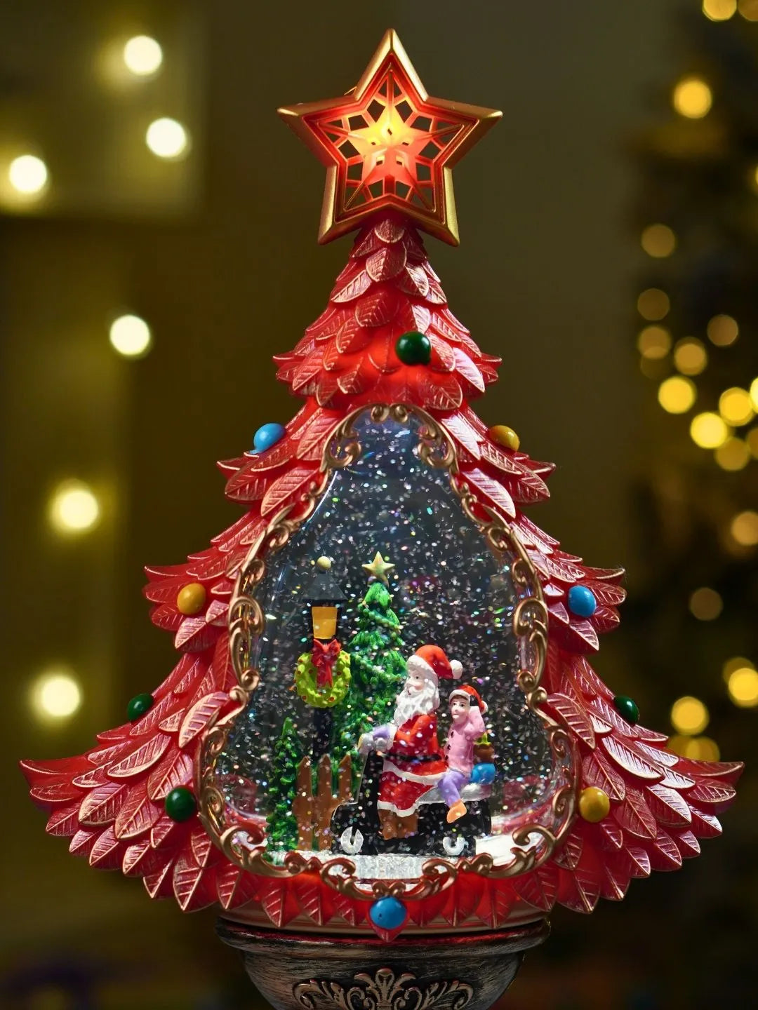 Santa & Child Red & Gold Tree, with Musical Glitter Water Lights, Christmas Home Décor