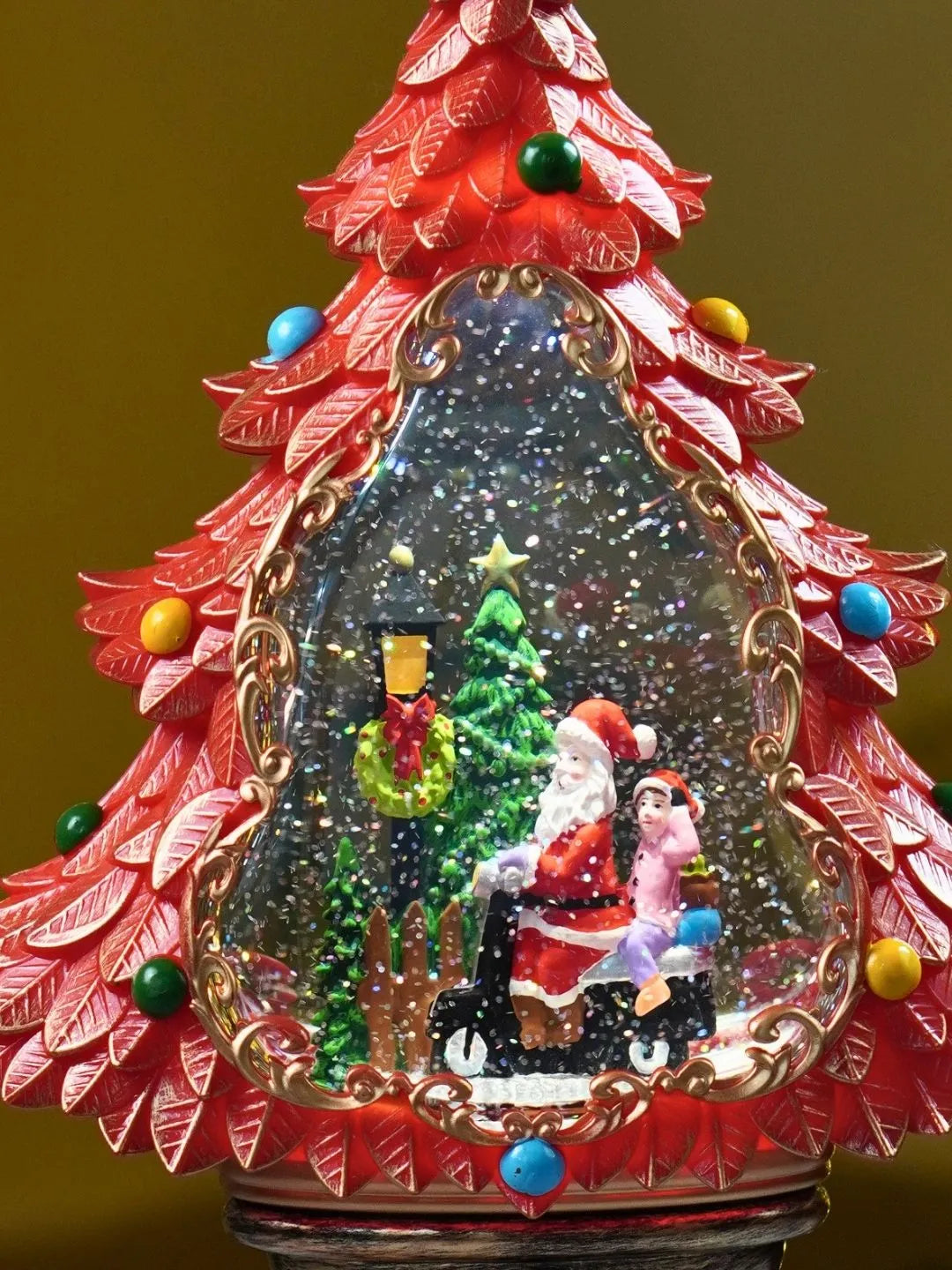 Santa & Child Red & Gold Tree, with Musical Glitter Water Lights, Christmas Home Décor