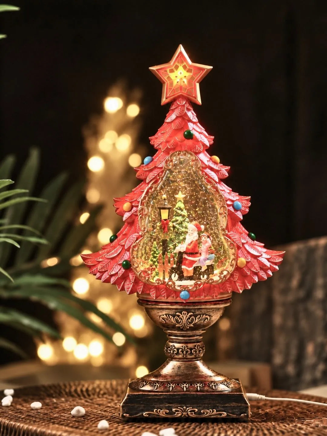 Santa & Child Red & Gold Tree, with Musical Glitter Water Lights, Christmas Home Décor