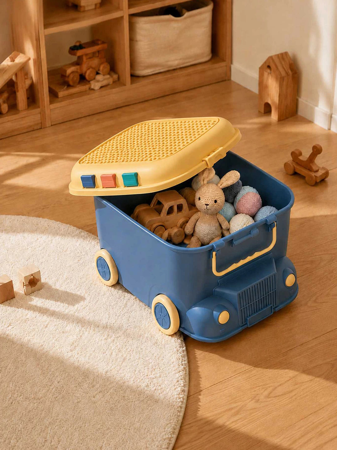 Blue Cartoon Toy Bus-Shaped Kids Mini Toys/Cars Storage Box