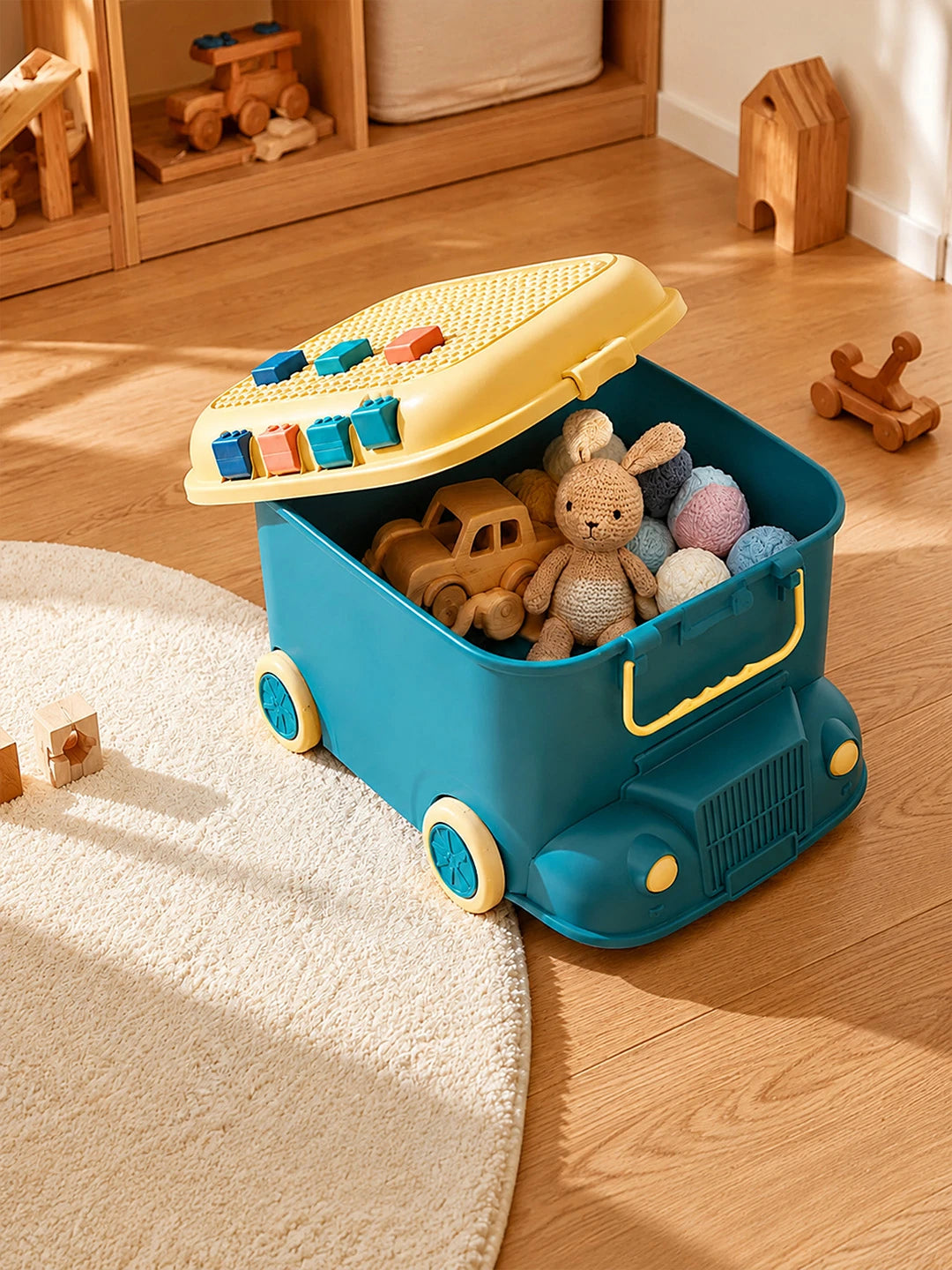 Teal Cartoon Toy Bus-Shaped Kids Mini Toys/Cars Storage Box