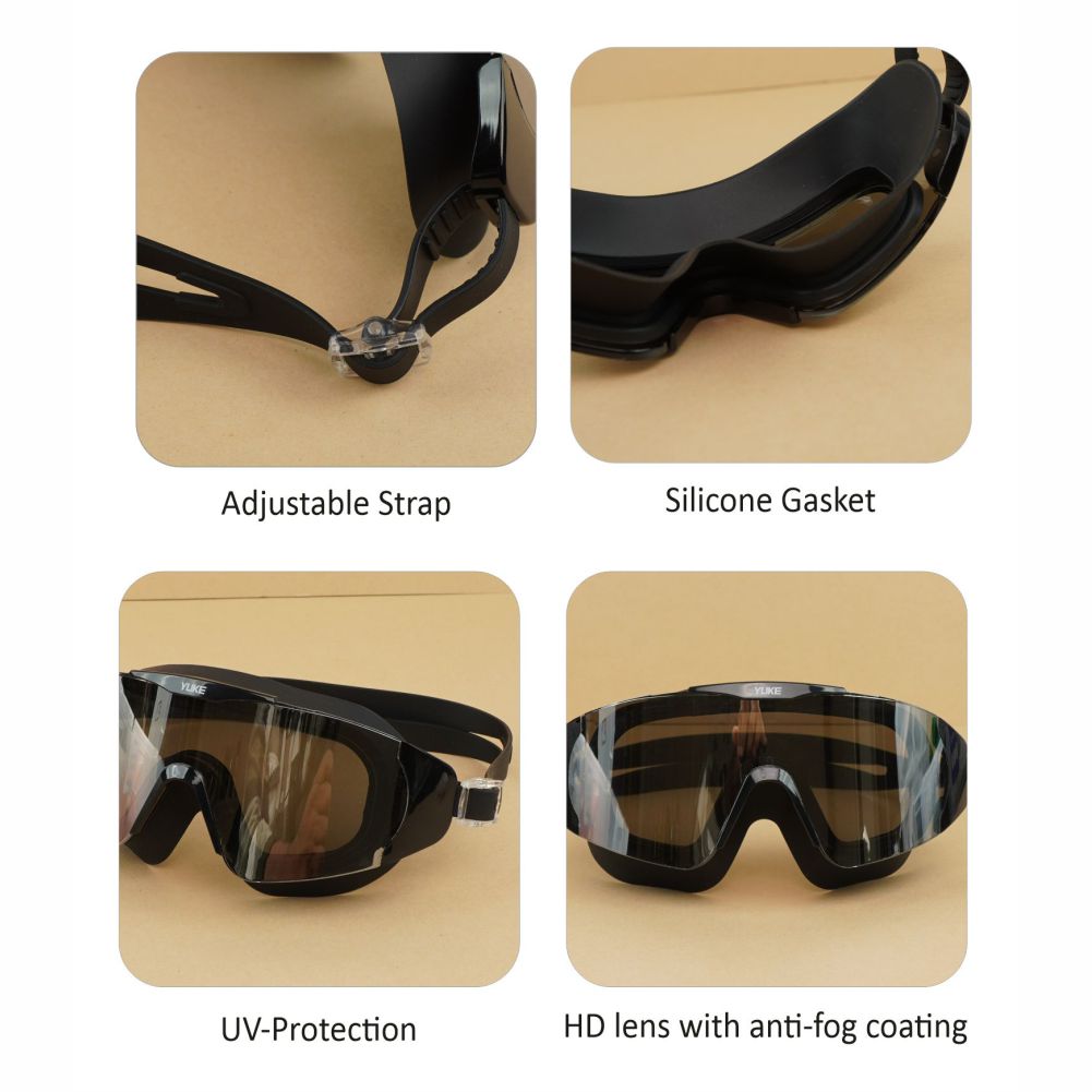 Black with Silver Full Glass panel styled Anti Fog UV Protection leakproof design Swim Goggles for Adults