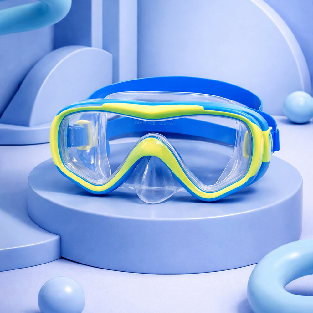 Snorkelling Scuba Diving Mask, Blue Neon Green Anti Fog underwater snorkelling Goggles for Kids & Adults, 10yrs and above