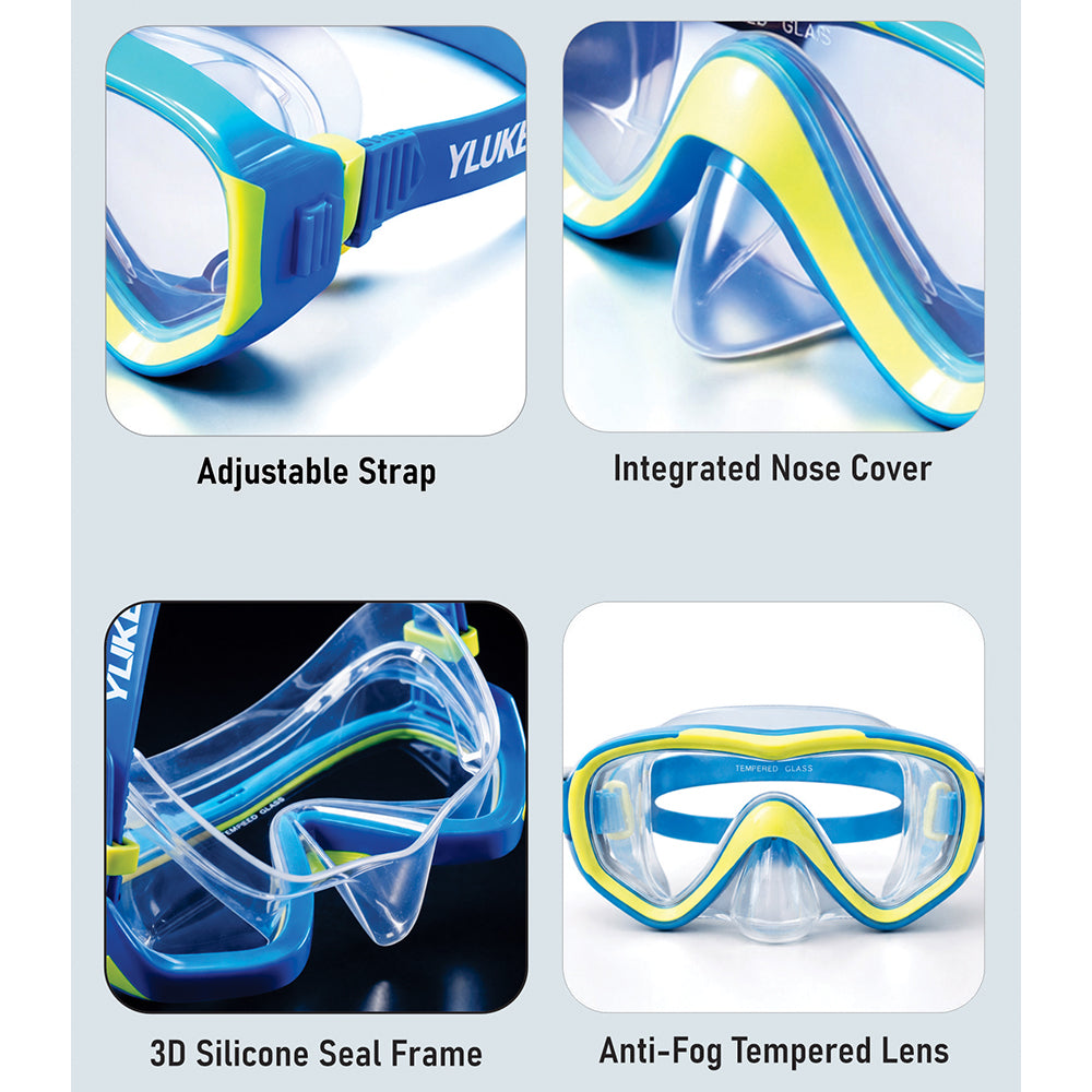 Snorkelling Scuba Diving Mask, Blue Neon Green Anti Fog underwater snorkelling Goggles for Kids & Adults, 10yrs and above