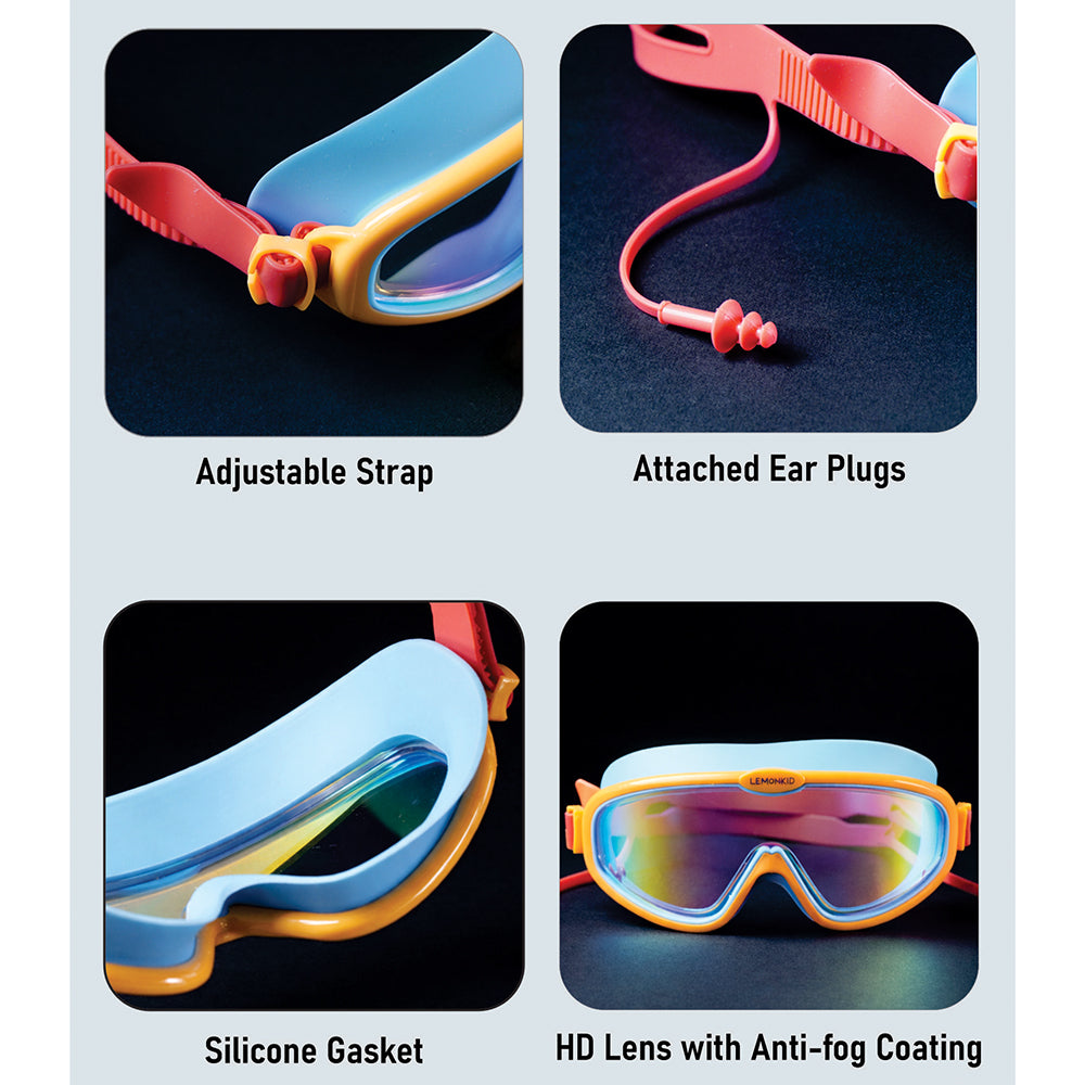 Blue, Orange & Red Anti-Fog UV Protection Leakproof Swim Goggles for Kids, 4–10 Years
