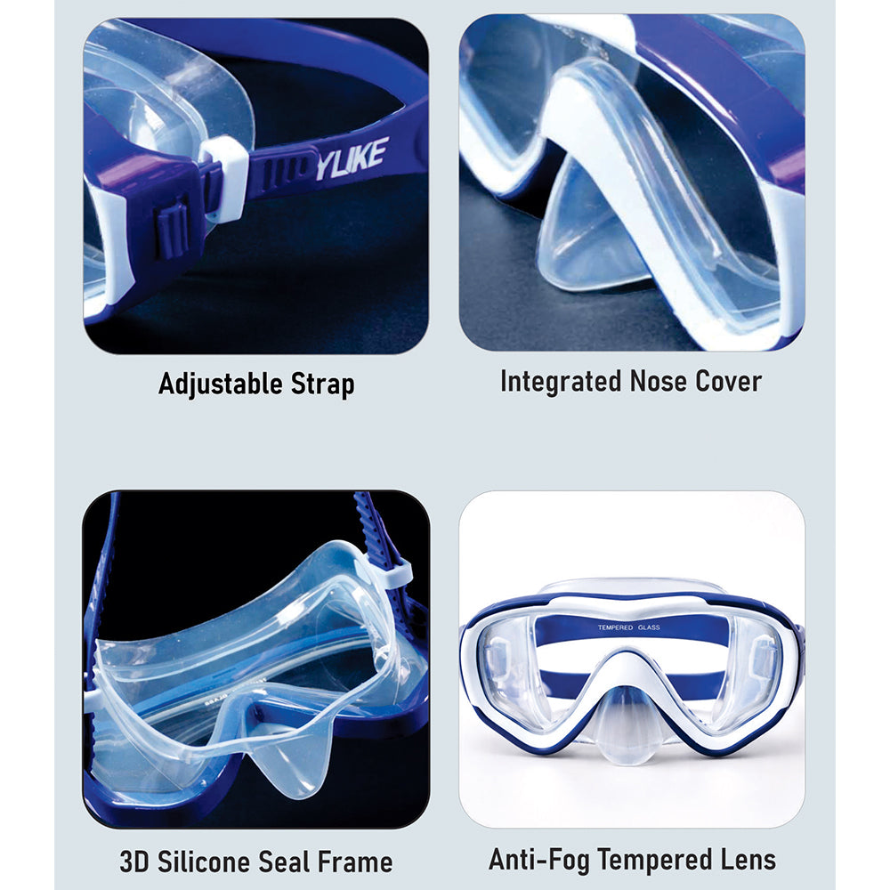 Snorkelling Scuba Diving Mask, Navy Blue Anti Fog Snorkelling-Style Swim Goggles for Kids & Adults, 10yrs and above