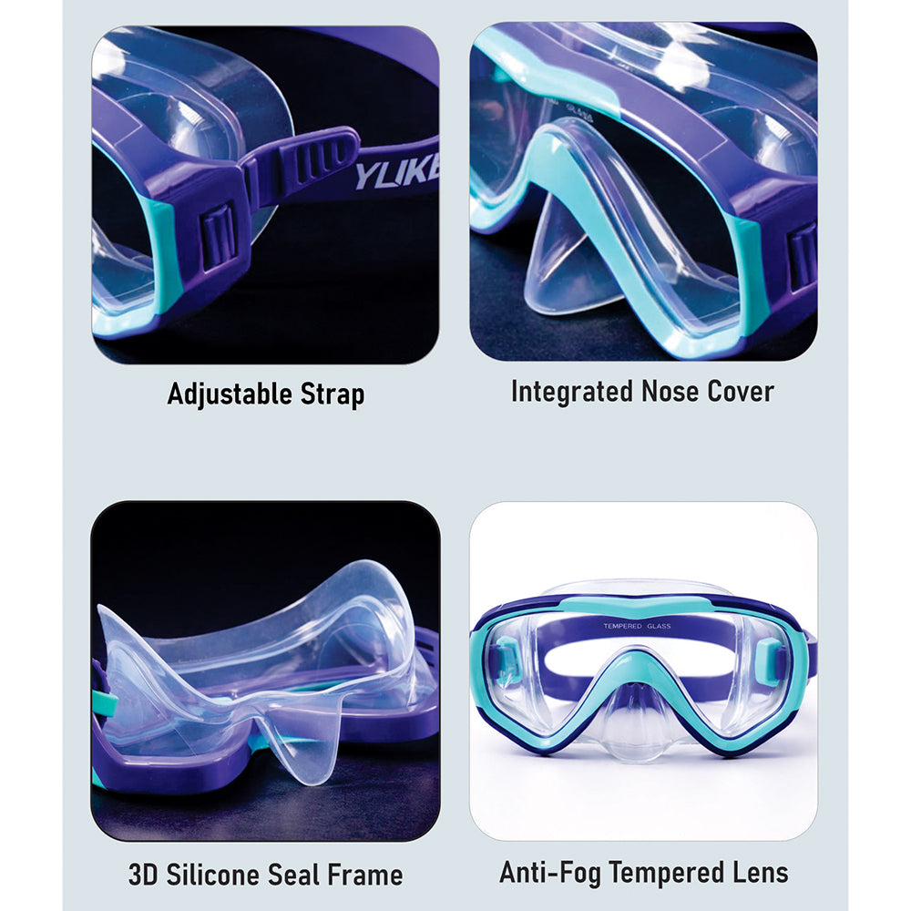 Snorkelling Scuba Diving Mask , Purple Blue Anti Fog Snorkelling-Style Swim Goggles for Kids, for Kids & Adults, 10yrs and above