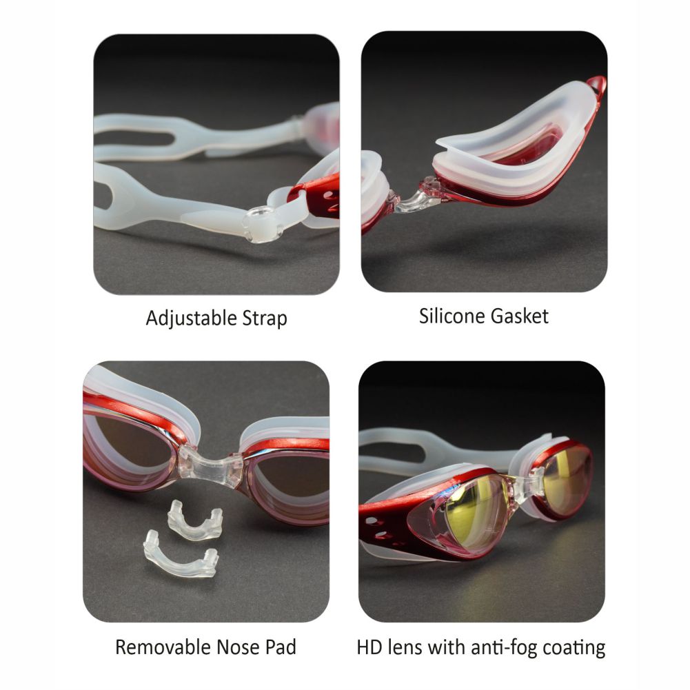 Red Metallic Anti Fog UV Protection leakproof design Swim Goggles for Kids 10yrs and above