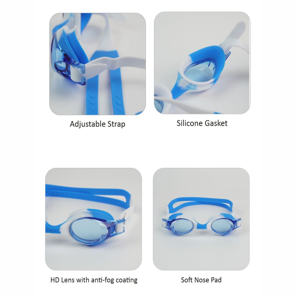 Tie Dye White with Blue Anti Fog UV Protection Leakproof Design Swim Goggles for Kids, 1yr - 4yrs
