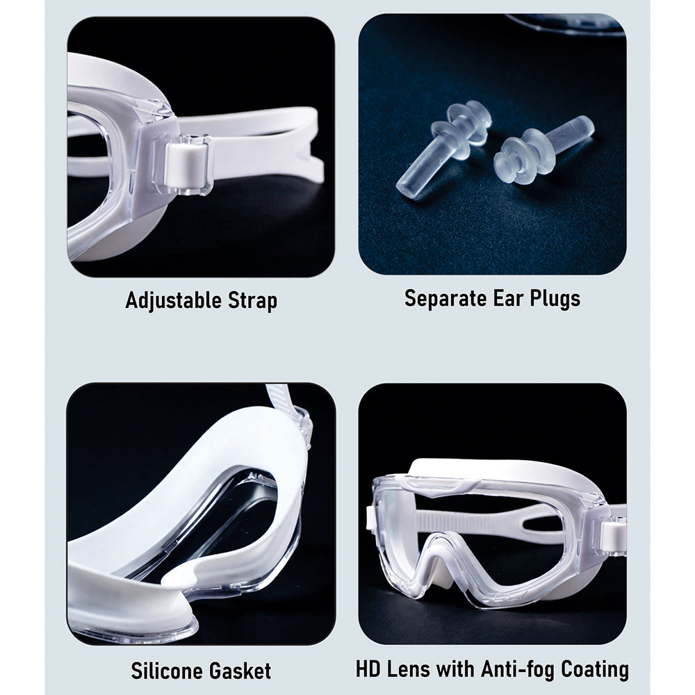 White 3 dash Glass panel styled Anti Fog UV Protection leakproof design Swim Goggles for 12 yrs + & Adults