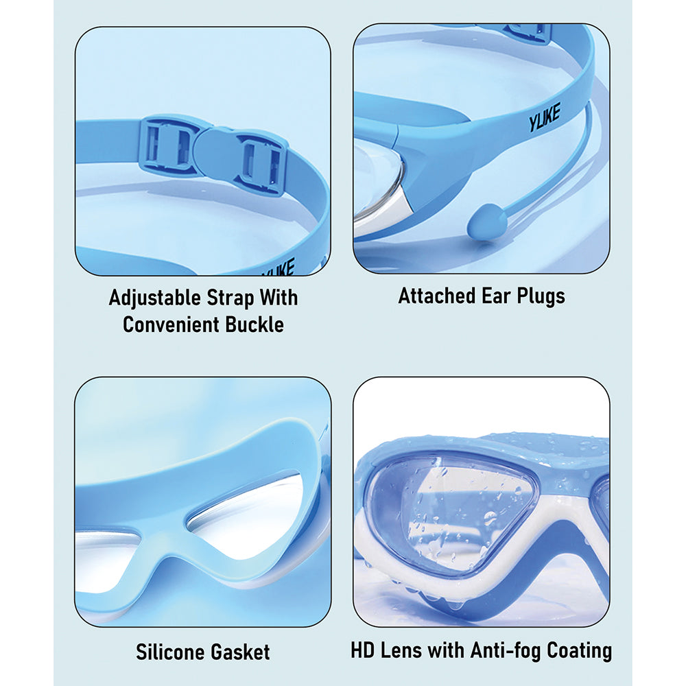 Blue Bordered White Anti Fog UV Protection Leakproof Design Swim Goggles for Kids, 5yrs - 10yrs