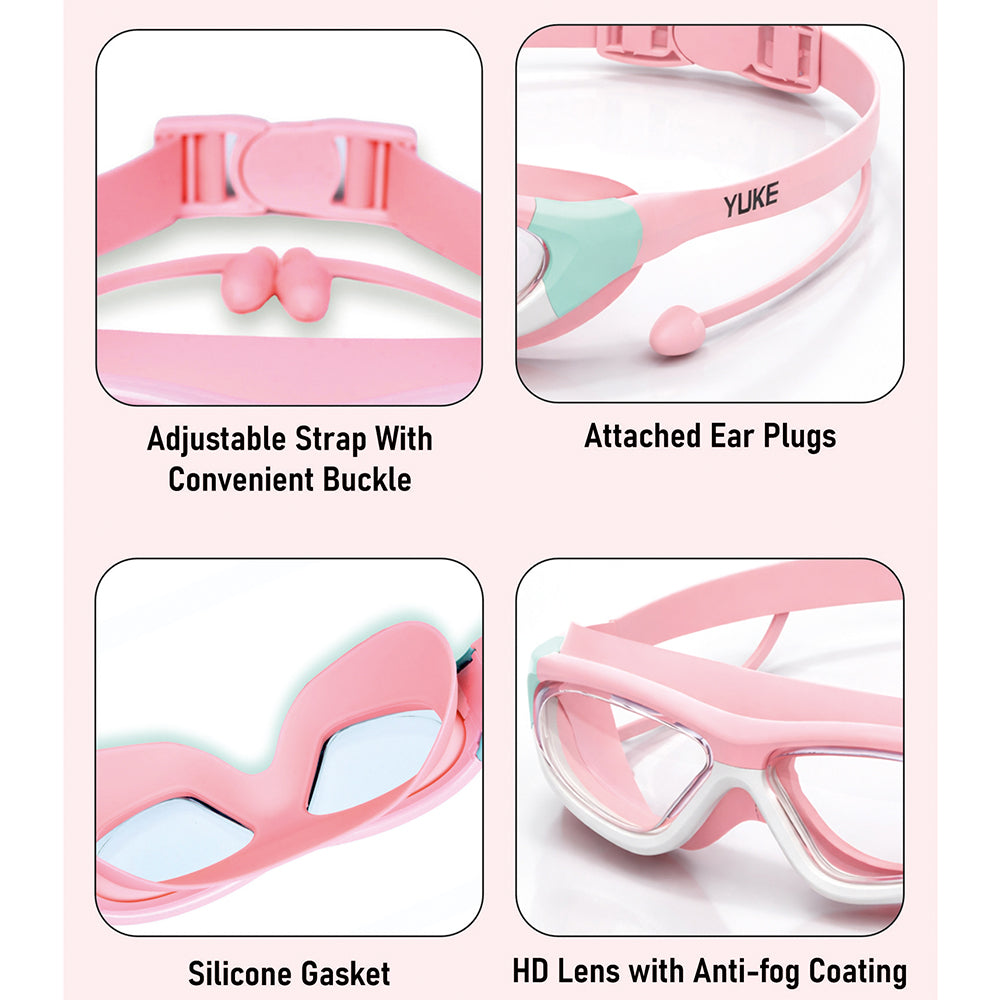 Pink Mint white border, Anti Fog UV Protection Leakproof Design Swim Goggles for Kids, 5yrs - 10yrs