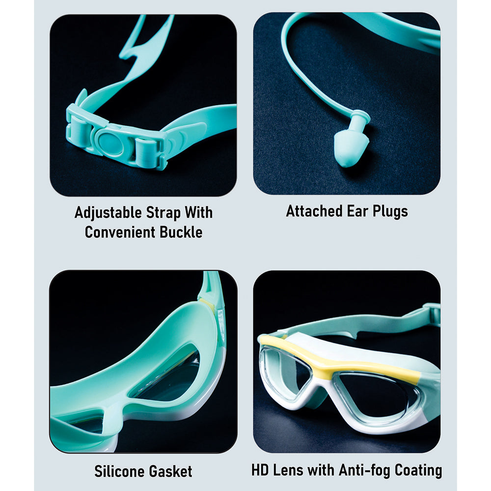 White Bordered Mint Anti Fog UV Protection Leakproof Design Swim Goggles for Kids, 5yrs - 10yrs