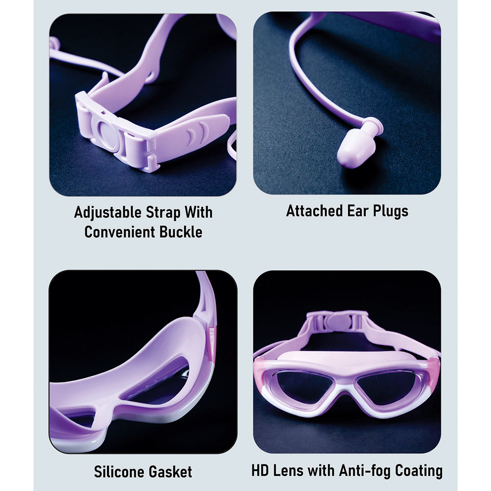 White Bordered Purple Anti Fog UV Protection Leakproof Design Swim Goggles for Kids, 5yrs - 10yrs
