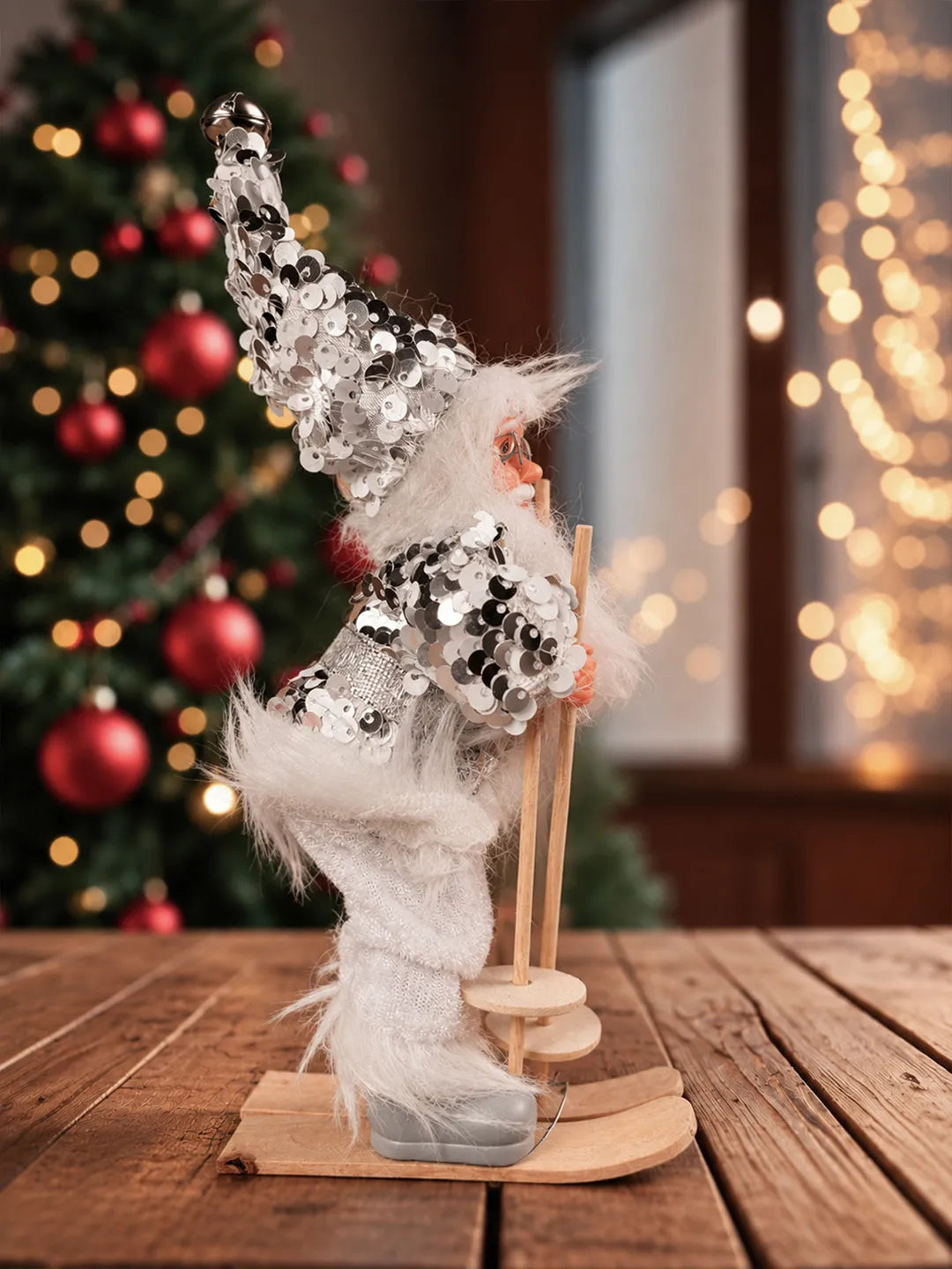 Silver Sequin Skiing Santa Christmas Tree Ornament