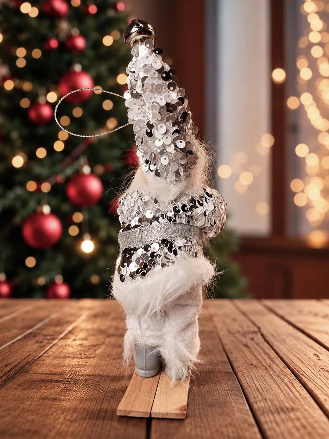 Silver Sequin Skiing Santa Christmas Tree Ornament