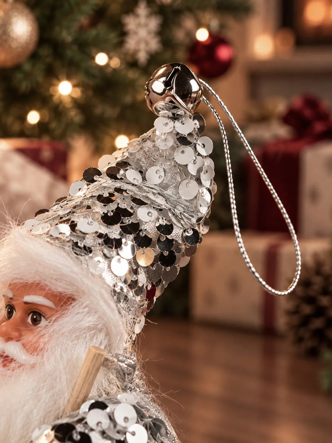 Silver Sequin Skiing Santa Christmas Tree Ornament