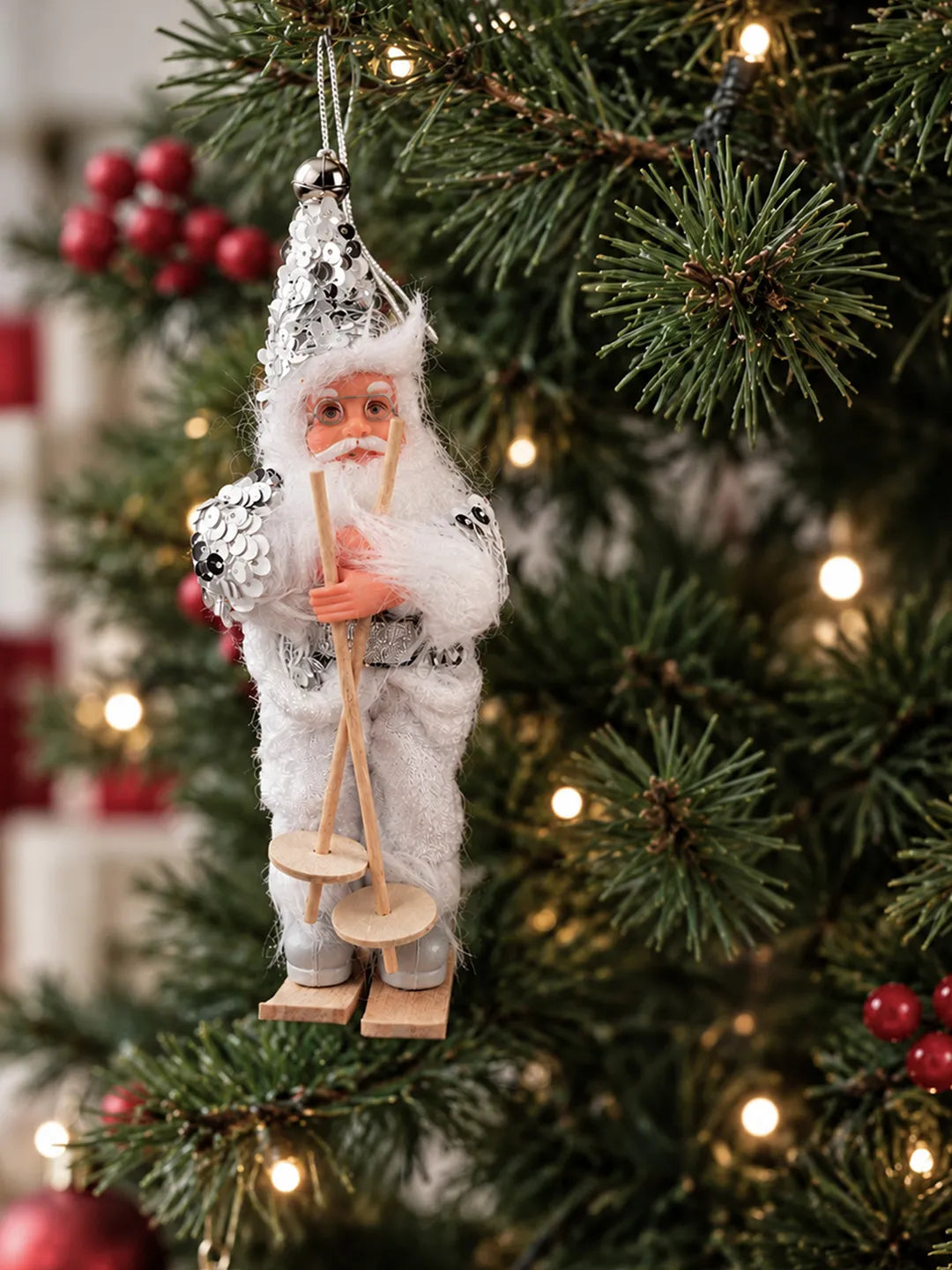 Silver Sequin Skiing Santa Christmas Tree Ornament