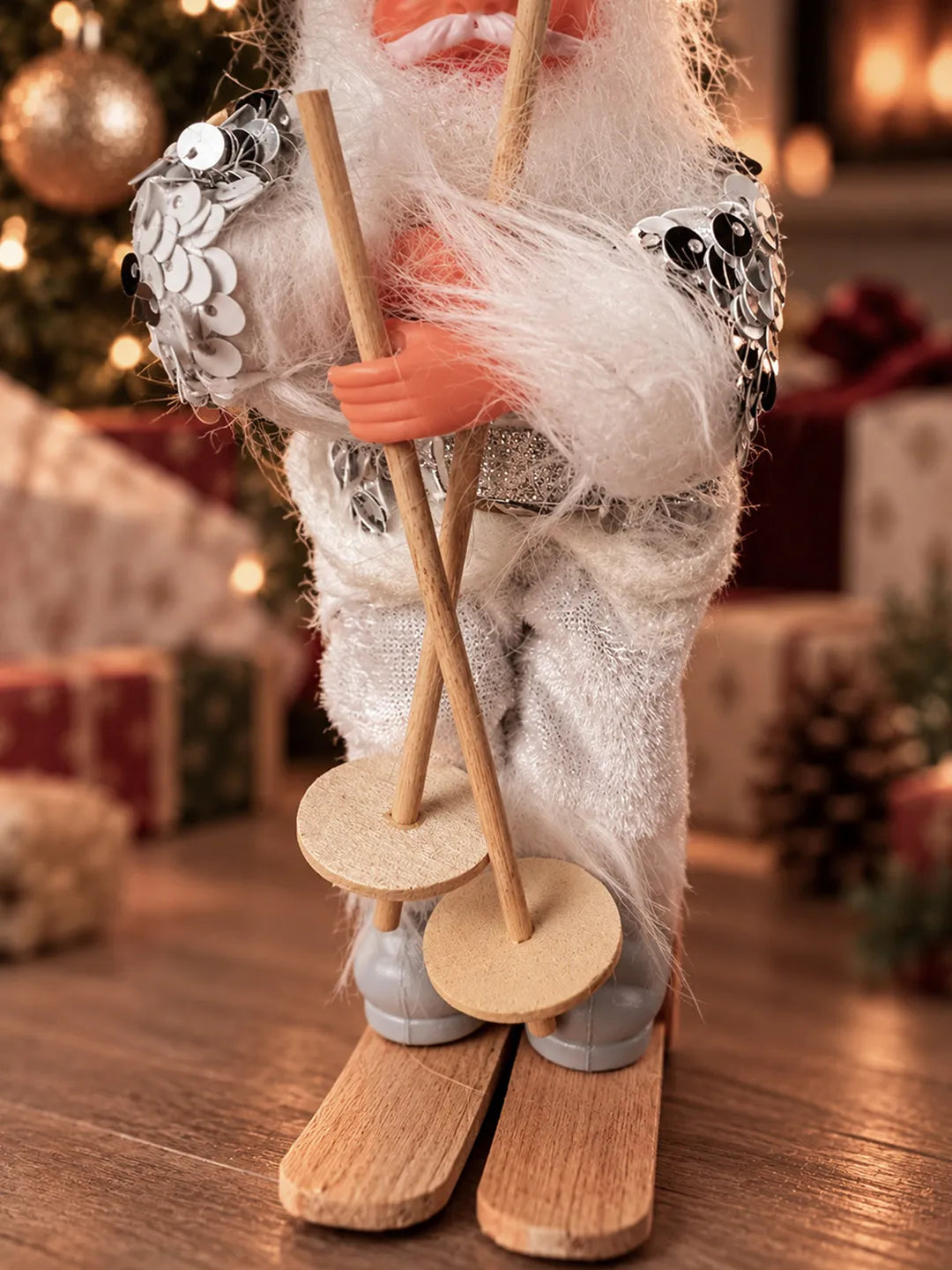 Silver Sequin Skiing Santa Christmas Tree Ornament