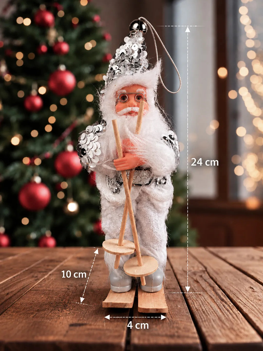 Silver Sequin Skiing Santa Christmas Tree Ornament