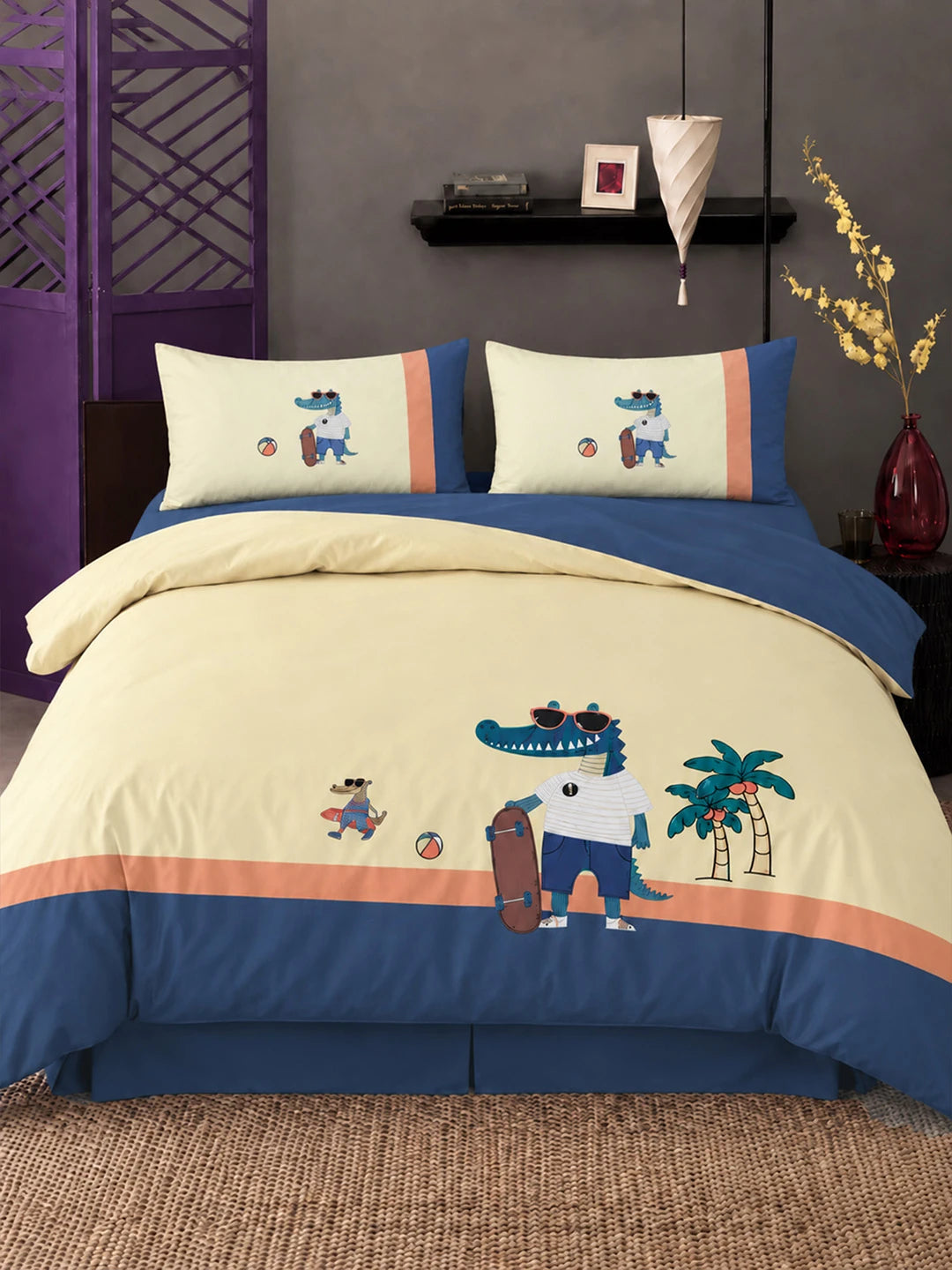 4 pcs Skateboard Croc Tropical theme, Luxe Embroidered collection of Double Bed Comforter, flat bedsheet, 2 pillow covers Bedding Set for King Size Bed.