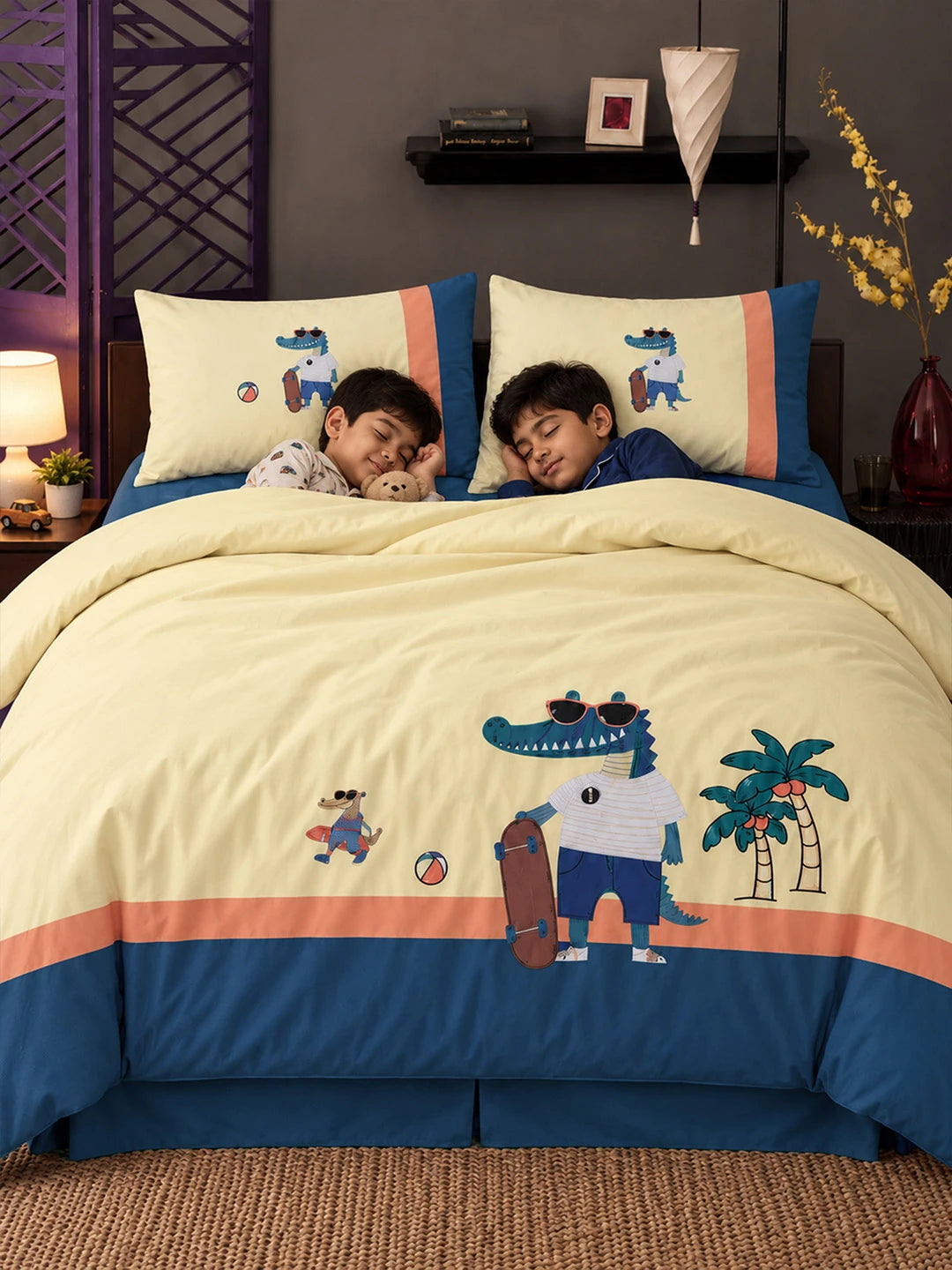 4 pcs Skateboard Croc Tropical theme, Luxe Embroidered collection of Double Bed Comforter, flat bedsheet, 2 pillow covers Bedding Set for King Size Bed.