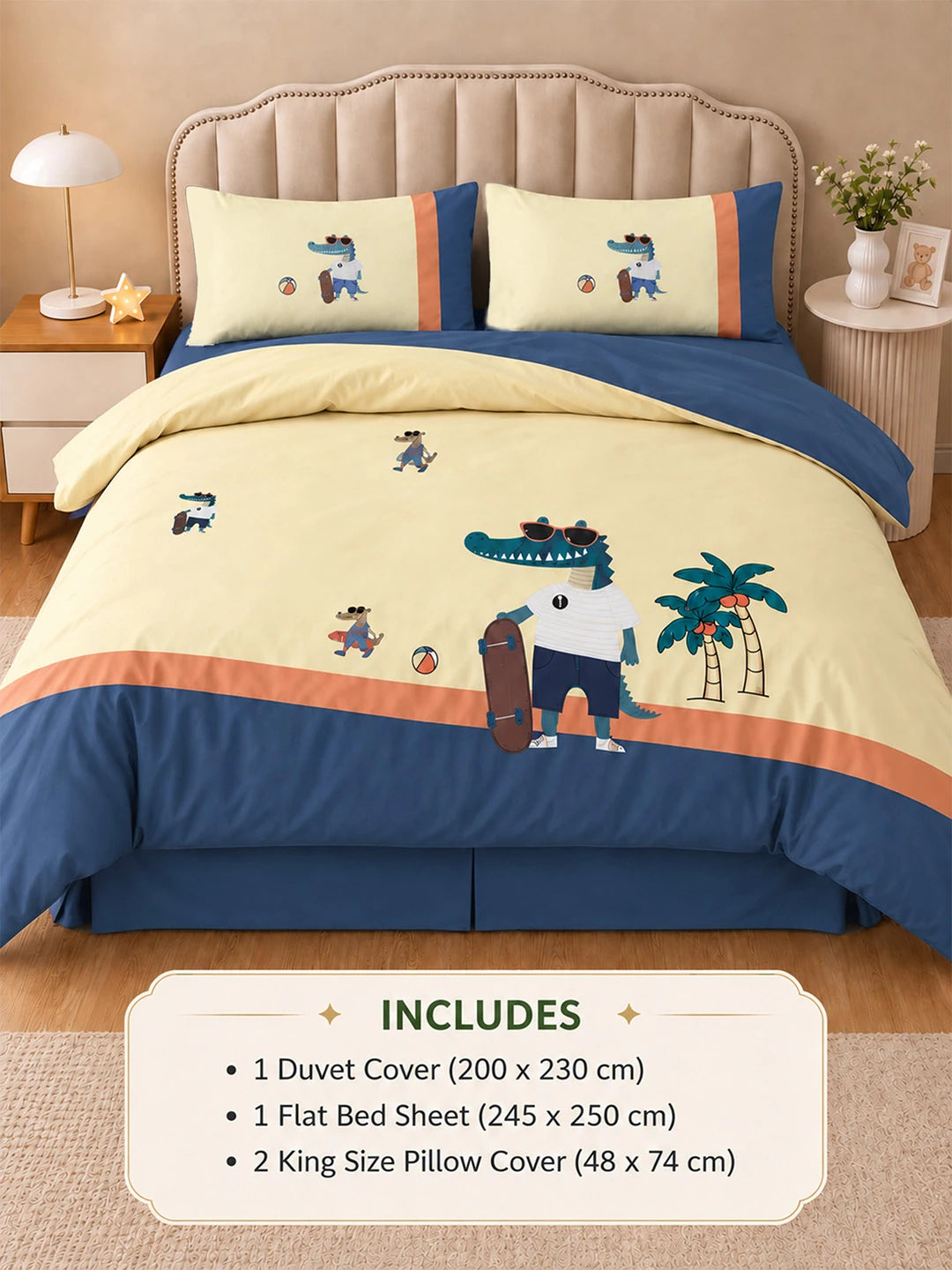 4 pcs Skateboard Croc Tropical theme, Luxe Embroidered collection of Double Bed Comforter, flat bedsheet, 2 pillow covers Bedding Set for King Size Bed.