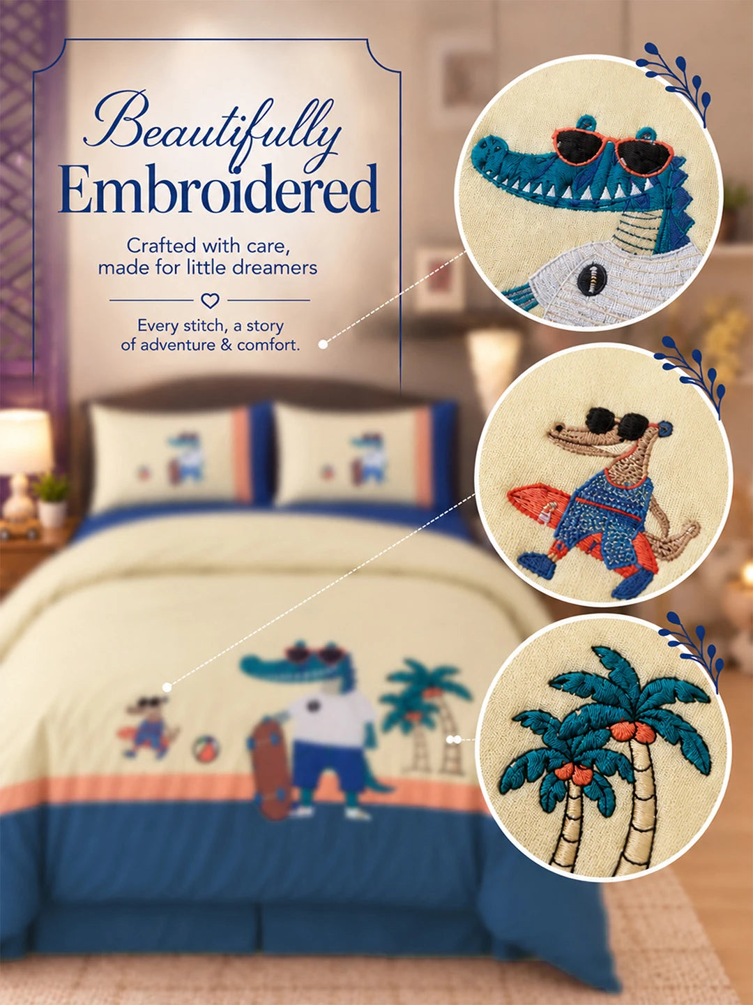 4 pcs Skateboard Croc Tropical theme, Luxe Embroidered collection of Double Bed Comforter, flat bedsheet, 2 pillow covers Bedding Set for King Size Bed.
