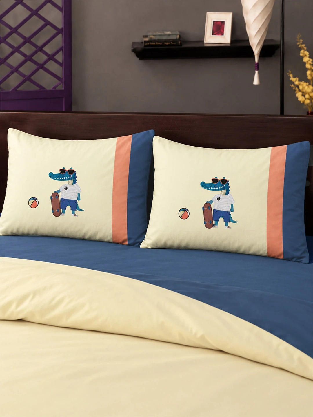 4 pcs Skateboard Croc Tropical theme, Luxe Embroidered collection of Double Bed Comforter, flat bedsheet, 2 pillow covers Bedding Set for King Size Bed.