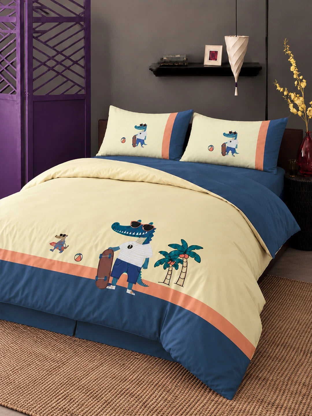 4 pcs Skateboard Croc Tropical theme, Luxe Embroidered collection of Double Bed Comforter, flat bedsheet, 2 pillow covers Bedding Set for King Size Bed.