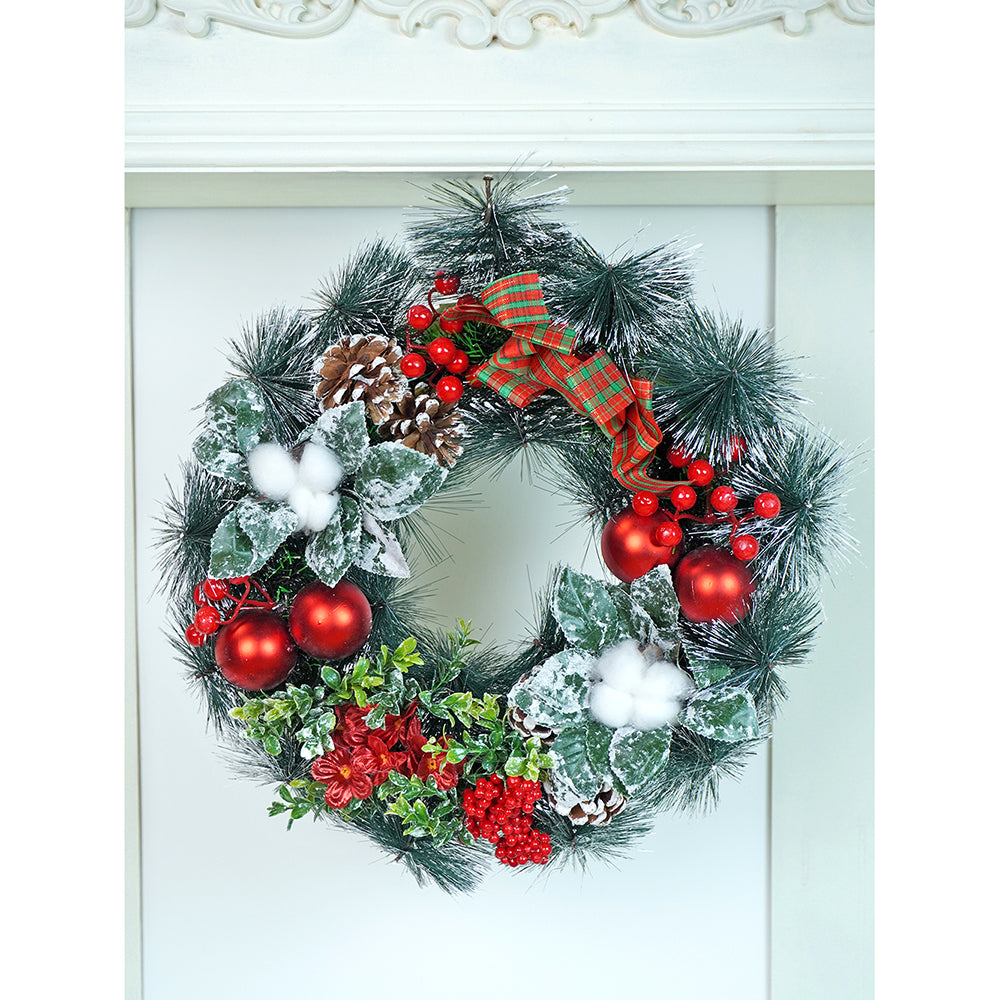 15 inches Checkered Bow Cotton buds and bushy Florals artificial christmas Wreath & Christmas door Décor