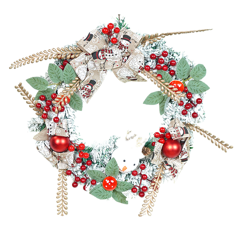 17 inches White Bushy Christmas Wreath with Snowman, Berries & Jute accents Christmas Wall and Door Décor