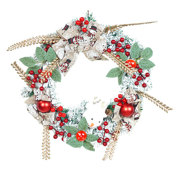 17 inches White Bushy Christmas Wreath with Snowman, Berries & Jute accents Christmas Wall and Door Décor