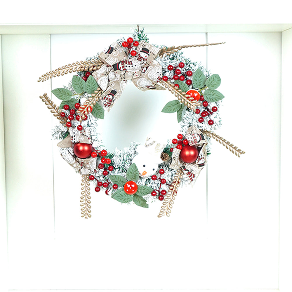 17 inches White Bushy Christmas Wreath with Snowman Berries & Jute accents Christmas Wall and Door Décor