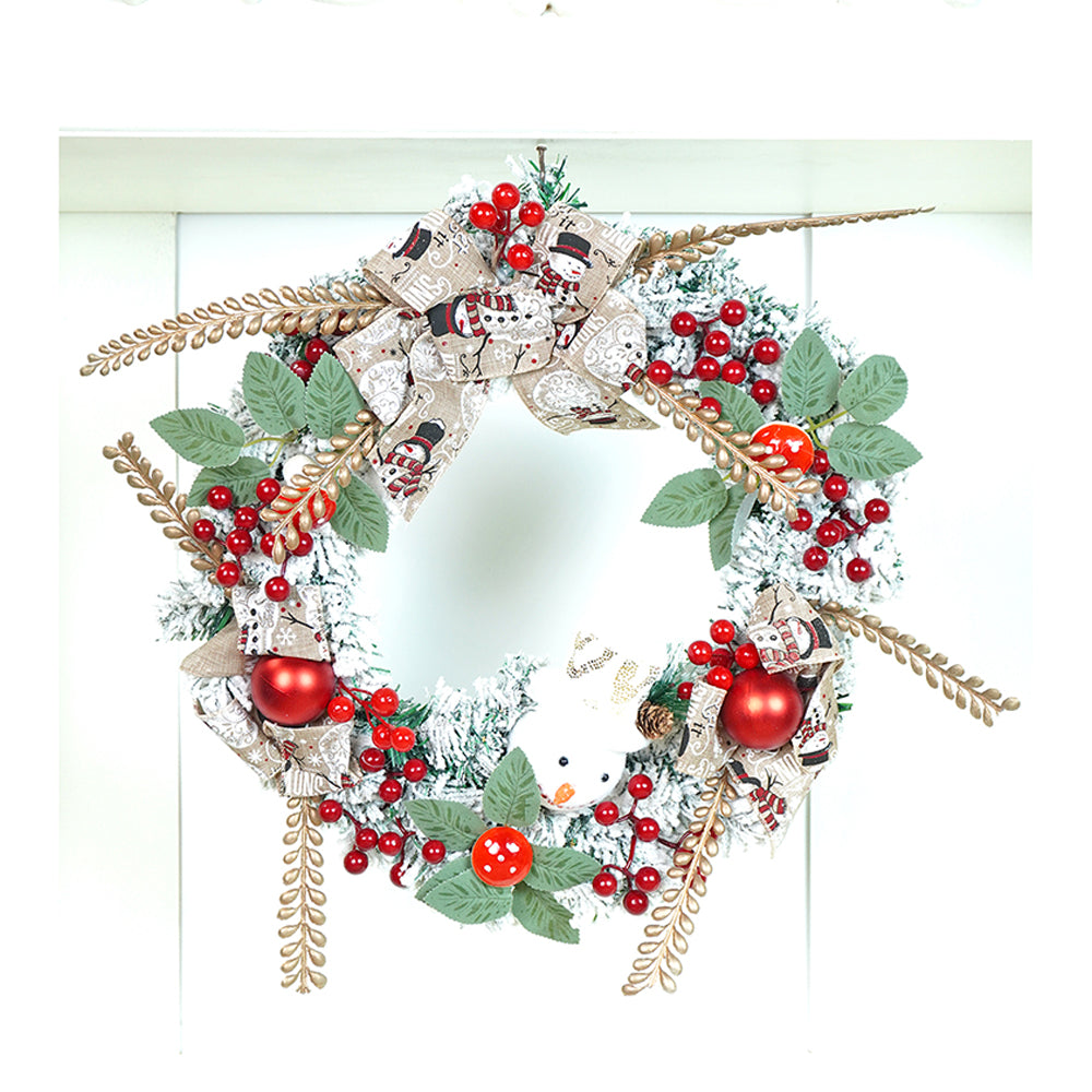 17 inches White Bushy Christmas Wreath with Snowman Berries & Jute accents Christmas Wall and Door Décor