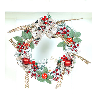 17 inches White Bushy Christmas Wreath with Snowman, berries and jute accents
